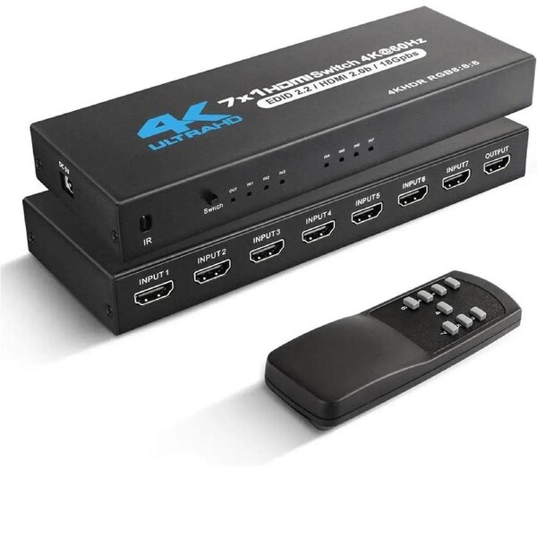 [2023 Upgraded]HDMI Switch 4K@60Hz,7 in 1 Out HDMI Hub Switch with Remote,Aluminum Hdmi 2.0 Switch 4 Port,Support 3D HDR,Compatible with Xbox PS5/4 Blu-Ray Player Fire Stick TV
