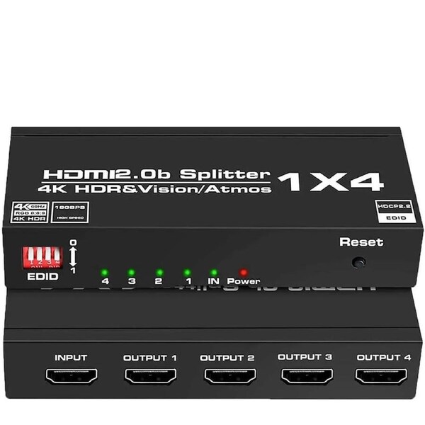 4k@60hz HDMI Splitter, 1 in 4 Out, Ultra HD 4K @ 60 Hz 1x4 HDMI Supports EDID, 3D, HDCP2.2, HDR, 4K@60Hz, 1080P@144Hz, RGB 8:8:8, Dolby Compatible with Xbox PS5/4/3 Blu-Ray Player Fire Stick Roku