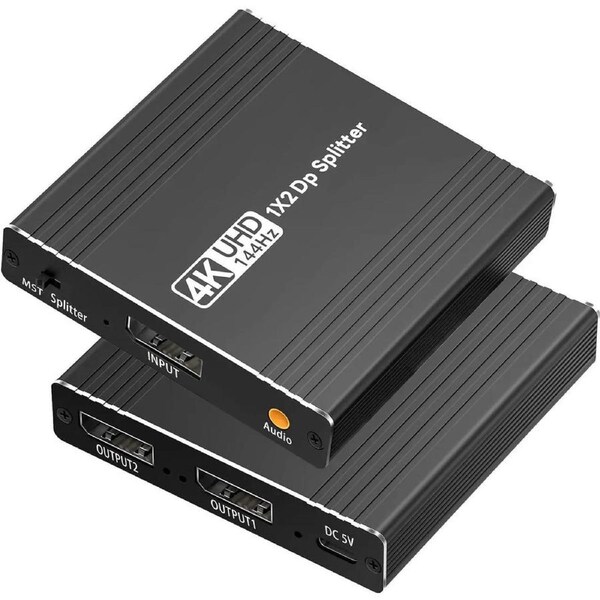 ESTONE 4K 144Hz DisplayPort to Dual DisplayPort Splitter Extended Display Adapter - 4K 120Hz DP Splitter 1 in 2 Out for Dual Monitors, MST - External Graphics Card - DP Adapter for PC, NVIDIA, AMD