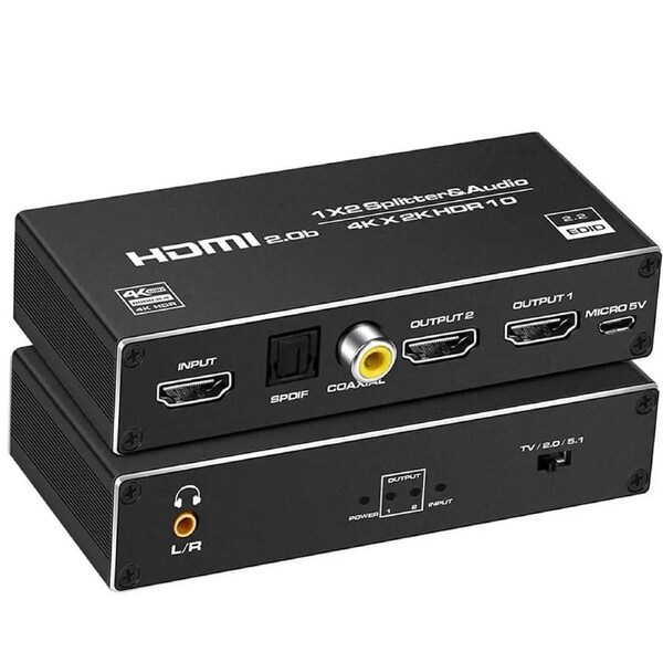 4K@60Hz 1x2 HDMI Splitter with audio extractor(3.5mm, Coaxial & Optical SPDIF audio out),Support HDMI 2.0b and HDCP 2.2, ,RGB 8:8:8(7.1CH Dolby atmos),HDR 10