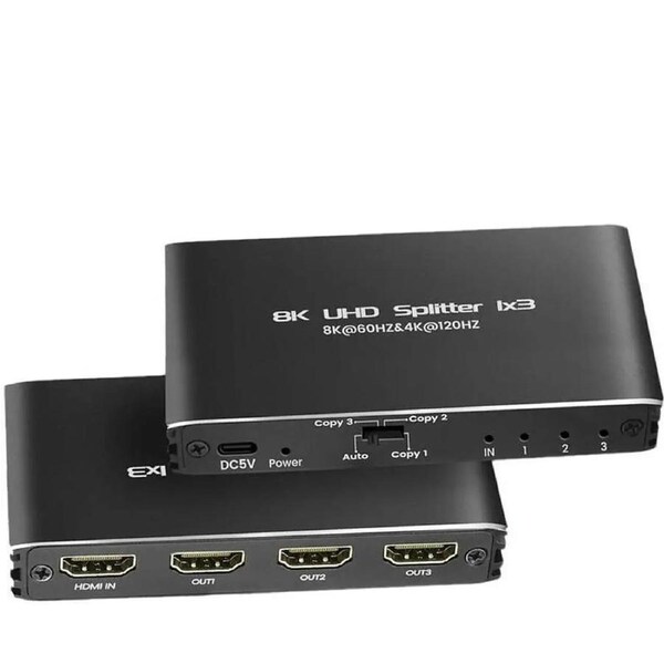 ESTONE 4K 120Hz HDMI Splitter 1 in 3 Out, 1x3 Power HDMI Splitter 3 Ports w/AC Adapter, 8K@60Hz 3D Full HD Distributor for Xbox, PS5, Blu-Ray Player, HDTV Support 48Gbps, HDCP 2.3, RGB 4:4:4
