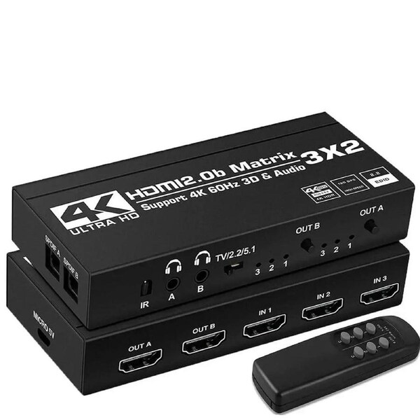 4K@60Hz HDMI Matrix Switch 3 X 2 Switcher 18G UltraHD Supports Up to 4K @ 60Hz & 1080P IR EDID HDCP 2.2- Remote Control (OZJ5)