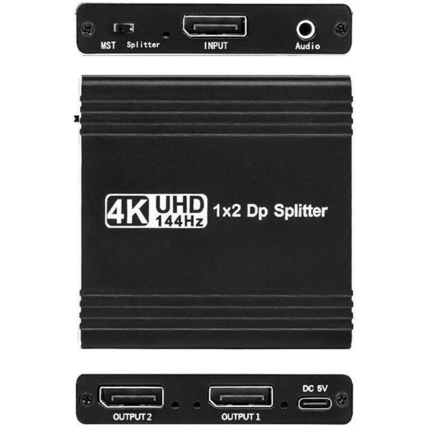 ESTONE DisplayPort to Dual Display Port Splitter, 4K@144Hz Display Port Adapter with Audio Extractor, 4K@120Hz 60Hz DP Splitter 1 in 2 Out Support Mirror/Extend Mode(MST)