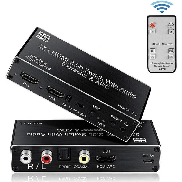 HDMI Switch 2x1 with Audio Extractor, 4K@60Hz HDMI Switcher 2 in 1 Out Switch Box Hub with 3.5mm R/L Audio + Coaxial + Optical Toslink SPDIF Compatible with Apple TV PS5 PS4 Xbox Fire Stick,OZV2