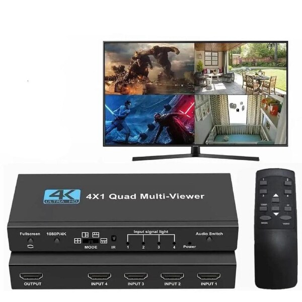 HDMI Multiviewer Switch 4x1, ESTONE Quad Seamless Switcher 4 in 1 Out with IR Remote Control, Support 4K Full HD and 5 Display Modes for Security Camera, Gaming Consoles