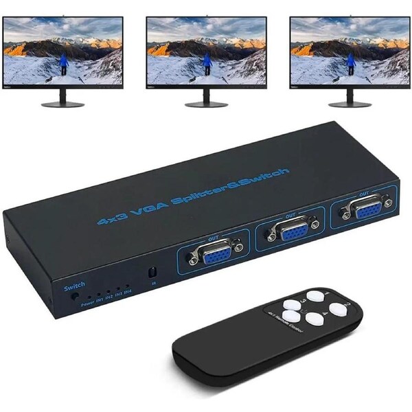 4x3 VGA Switch Video Selector Switcher Box (4 Input 3 Output), 4 Port Powered VGA Switch 4 PC to 3 Monitors/Projector with Remote