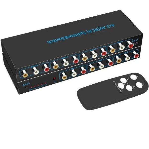 AV RCA Switch 4 in 3 Out Composite Video L/R Audio Switcher Selector Box for DVD Player, Sega Genesis, SNES, N64, PS2/3 Game Consoles