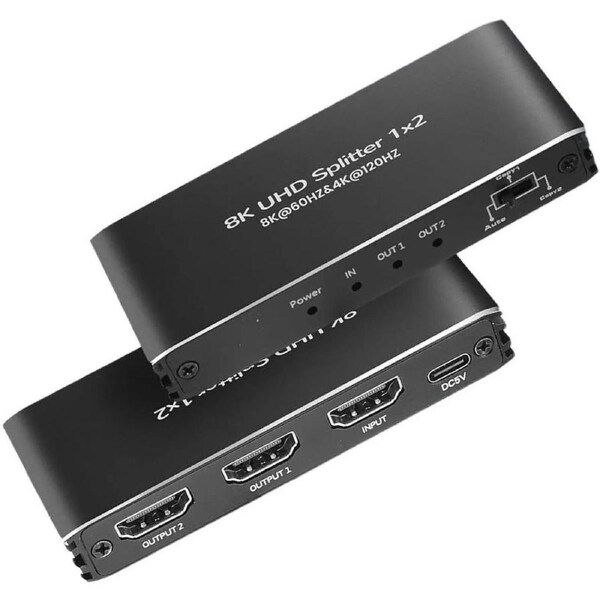 4K 120Hz 1 in 2 Out HDMI Splitter -ESTONE Ultra HD 8K @ 60 Hz 1x2 V. 2.1 HDCP 2.3, Power HDMI Supports 8K 3D Full HD 1080P for Xbox, PS4 PS3 Blu Ray TV HDTV - Adapter Included