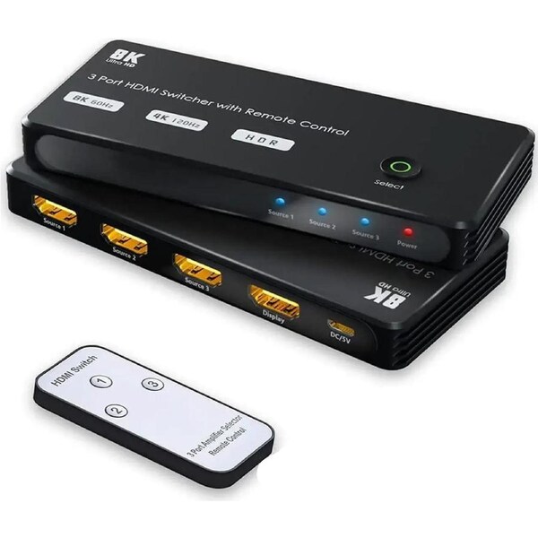 HDMI 2.1 Directional Switch with IR Remote, Ultra HD 8K High Speed 48Gbps Only 3in 1out 8K@60Hz 4K@120Hz Converter Compatible with Xbox PS5 Projectors Monitors (8k hdmi 2.1 Switch)