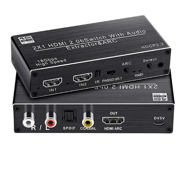 4K@60Hz HDMI Switch Audio Extractor 2 in 1 Out, 2x1 HDMI Switcher with SPDIF & 3.5mm & R/L Audio,Coaxial 4K HDMI Switch with Remote, Support Auto Downscale, 3D, HDR, HDCP2.2 for PS5, Xbox, HDTV(OZV2)