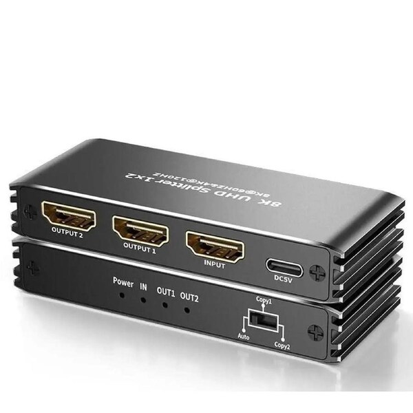 4K 120Hz HDMI Splitter 1 in 2 Out,ESTONE 1x2 Power HDMI Splitter 2 Ports w/AC Adapter, 8Kx2K@30Hz 3D Full HD Distributor for Xbox, PS5, Blu-Ray Player, HDTV Support 48Gbps, HDCP 2.3, RGB 4:4:4