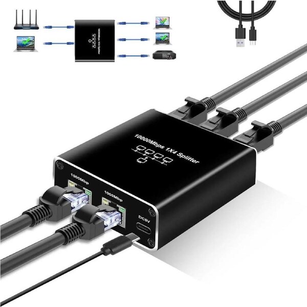 Ethernet Splitter High Speed, 1000Mbps Ethernet Splitter 1 to 4 , Gigabit Internet Splitter with USB Power Cable, LAN Splitter for Cat 5/5e/6/7/8 Cable (4 Devices Simultaneous Networking)