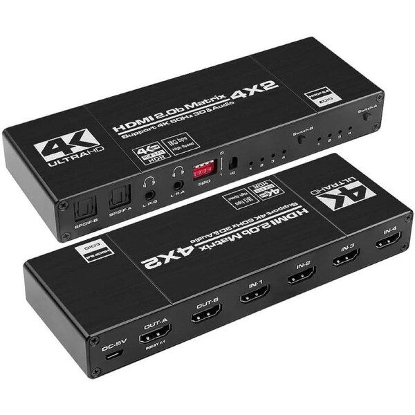 4 in 2 Out HDMI Matrix,ESTONE 4K@60Hz 4x2 HDMI Matrix Switch with IR Remote Control, Support EDID, HDMI 2.0b, HDCP2.2, HDR10, Ultra HD, 3D