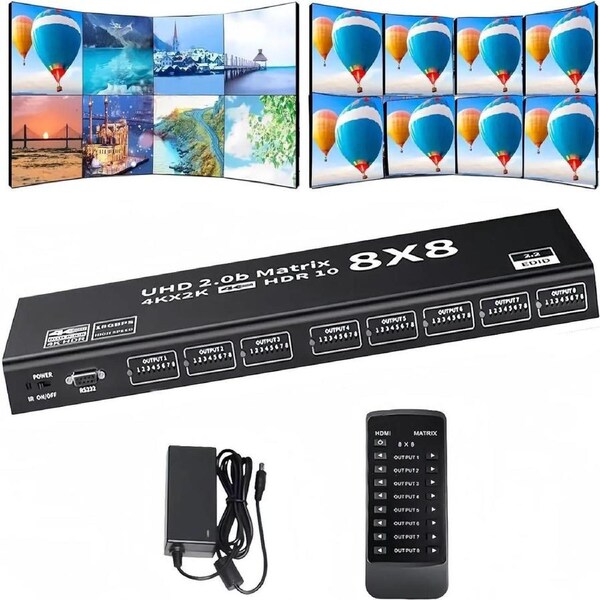 ESTONE 8x8 HDMI Matrix, 4K@60Hz 8 in 8 Out HDMI Switch Splitter, HDMI Matrix Switch with IR Remote Control, Support HDMI2.0 RGB888/YUV444 RS232 Panel Key HDCP2.2 HDR10 3D etc
