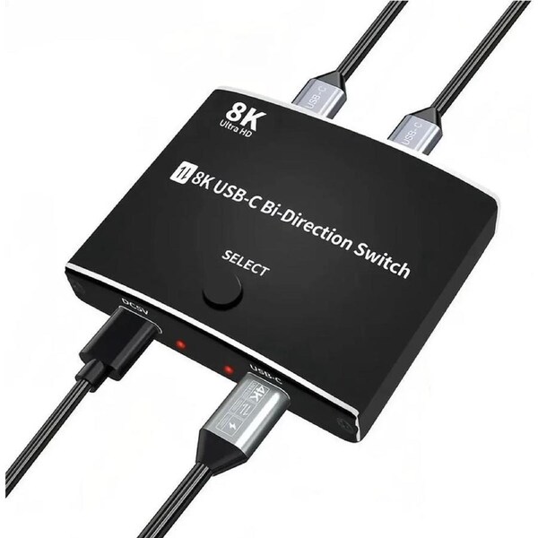 USB C Switch, 8K 60Hz 2 in 1 Output USB3.1 Type C Data Transfer Splitter, 10Gbps Data Transfer PD 100W Power Delivery Share Monitor Switch Selector with Power Indicator for PCs