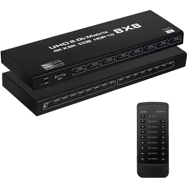 ESTONE 8x8 HDMI Matrix Switch 4K - HDMI2.0 RGB888/YUV444 RS232 Panel Key HDCP2.2 HDR10 3D etc , Control via Remote, 8 in 8 Out Video Matrix Switch (OZJ8)