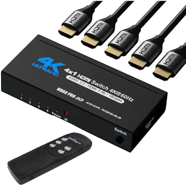 4k HDR HDMI Switch with IR Remote Control, 4 Ports HDMI 2.0 Switcher Selector , Supports HDCP 2.2 4K@60Hz UltraHD HDR10 3D HD1080P Dolby DST, HDMI Splitter for PS4 Xbox Apple TV Fire Stick