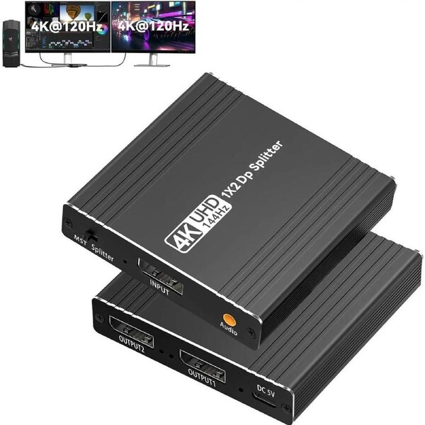 ESTONE 4K@144Hz Extended Displayport to Dual DP Adapter Display Port Splitter for Dual Monitors 1 in 2 Out Support MST & SST Mode for PC Laptop Computer Graphics Card