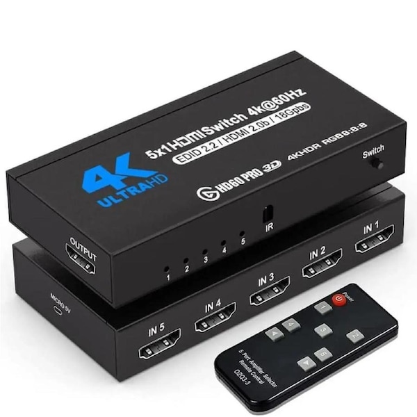 HDMI Switch 4k@60HZ HDMI Splitter 5 in 1 Out HDMI Switcher Selector with IR Remote Control, HDMI 5 Port Box Hub Support 3D HDCP2.2 for PS4/Xbox One/Fire TV/Apple TV/Sky Box/STB/DVD/Roku, OZQ3-4