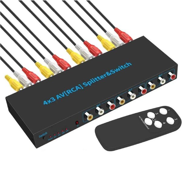 RCA Switch AV Splitter Switch, 4 in 3 Out Composite Switcher for Connecting 4 RCA Output Devices to Your TV, S-Video Support, Audio/Video, Game Consoles, DVD, VCR, 38807