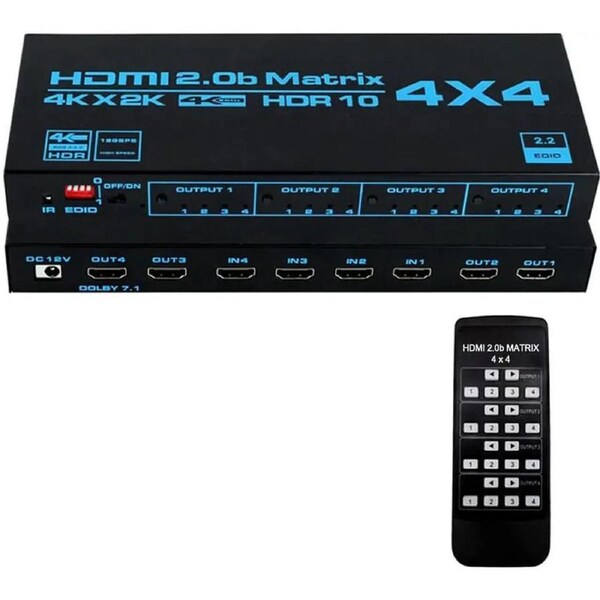 HDMI Matrix 4x4 , 4K HDMI Matrix Switch 4 in 4 Out Switcher Splitter Box with EDID Extractor and IR Remote Control, Support Ultra 4K HDR,3840*2160/60Hz, YUV4:4:4, 3D, 1080PHDMI 2.0b, HDCP 2.2