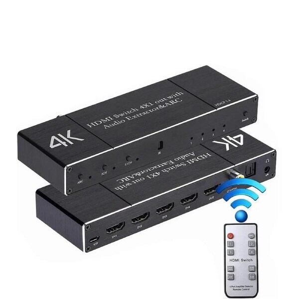 HDMI Switch Audio Extractor, HDMI Switch Splitter 4 Inputs 1 Output with Remote 4K@60hz, 4-Port HDMI2.0b Switcher Box with Optical Toslink SPDIF+Coaxial+3.5mm Audio Out, OZQ7
