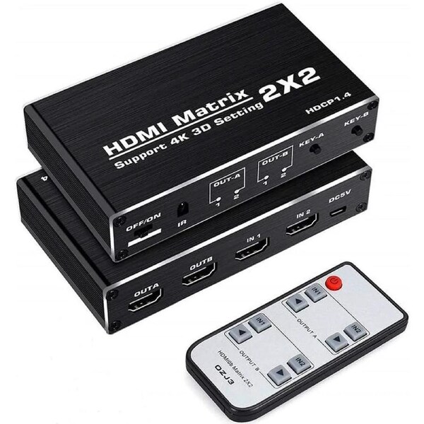 ESTONE 4K@60Hz HDMI Matrix 2 in 2 Out, 2 X 2 Switcher with HDR, HDMI 2.0b, HDCP 1.4 , 3D,1080P,YUV 4:2:0 and IR Remote (OZJ3)