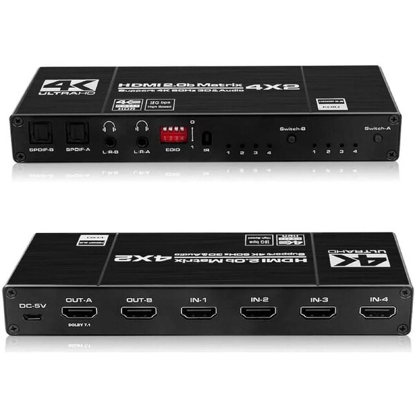 ESTONE 4K@60Hz HDMI Matrix Switch 4 X 2 Switcher 18G Ultra HD Supports Up to 4K @ 60Hz & 1080P EDID HDCP 2.2 HDR10- Remote Control (OZJ1-1)