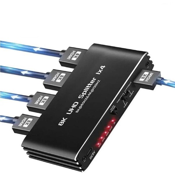 ESTONE 4K 120Hz HDMI Splitter 1 in 4 Out, 1x4 Power HDMI Splitter 4 Ports w/AC Adapter, 8K@60Hz 3D Full HD Distributor for Xbox, PS5, Blu-Ray Player, HDTV Support 48Gbps, HDCP 2.3, RGB 4:4:4