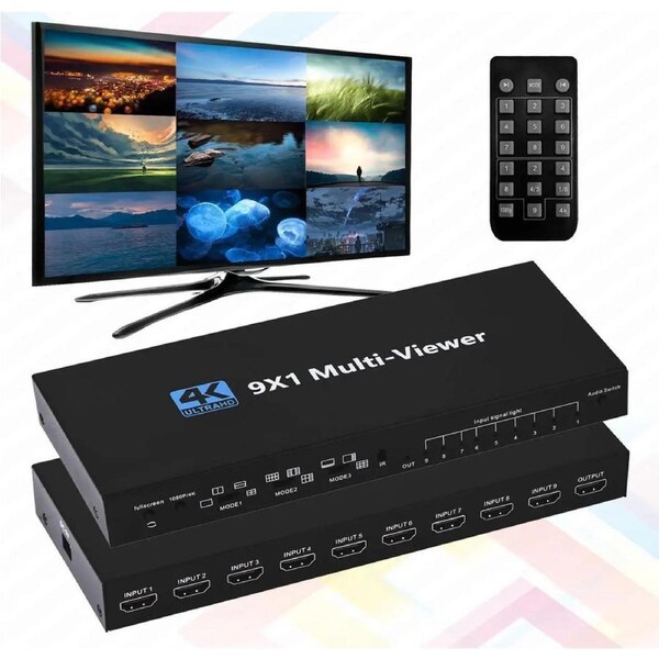 HDMI Multiviewer Switch 9x1,ESTONE HDMI Nine Multi-Viewer Seamless Switcher 9 in 1 Out with Audio Switch,4K,10 Viewing Modes for Security Camera, Gaming Consoles (Multiviewer 4K30Hz)
