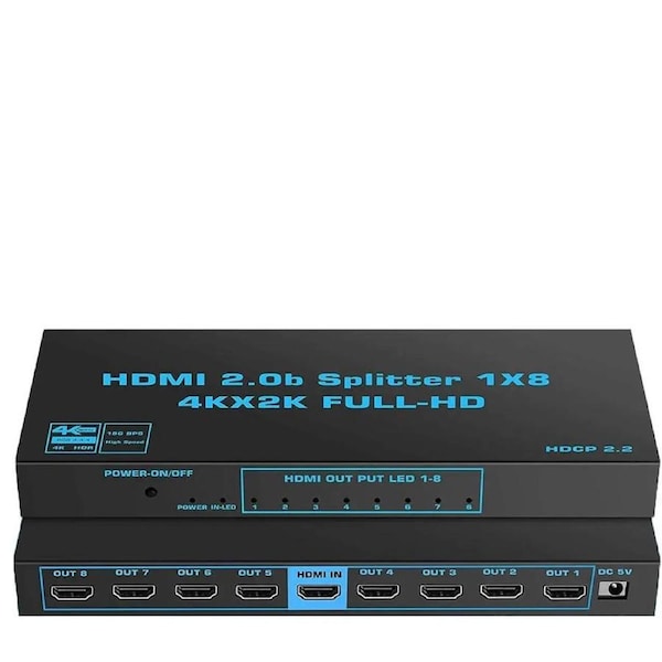 ESTONE 4K@60Hz 1 in 8 Out HDMI Splitter 4:4:4 8-bit - HDMI 2.0, HDCP 2.2, 18 Gbps, 4K @ 60Hz HDMI Duplicator/Distributor UltaHD High Resolution (1x8)