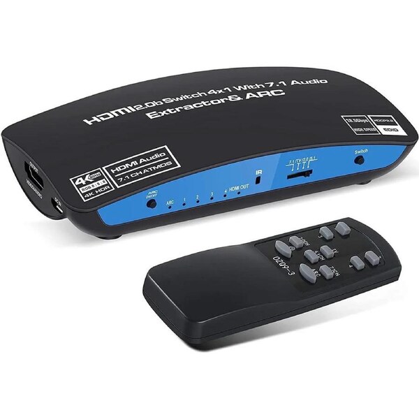 4 in 1 Out HDMI Switch with Optical & 3.5mm AUX & 7.1CH atmos Audio Out, 4K@60Hz HDMI 2.0b Audio Extractor Splitter with Remote, Support ARC, HDR, HDCP 2.2, 18Gbps, Dolby Vision,HDR 10 - OZQ9-1