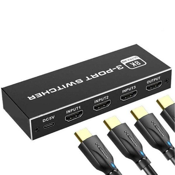 8K@60Hz HDMI 2.1 Switch, 4K@120Hz HDMI Switch 3 in 1 Out, 3 Ports HDMI Switcher Selector, Support 1080P@240Hz, 48Gbps High Speed for PS5, Xbox, Fire Stick, Roku, UHD Monitor Projector