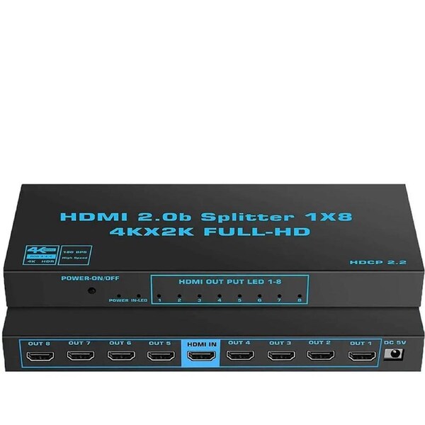 ESTONE 4K 1x8 HDMI Splitter, One in Eight Out Powered 8way HDMI Splitter Audio Video Distributor Amplifier with Power Adapter, Support Full HD 3D & 4K x 2K
