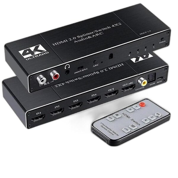 HDMI Switch 4x2 with R/L 3.5mm Audio + Coaxial + SPDIF Audio Extractor Out, HDMI Switcher Audio Extractor Splitter Support 4K@60Hz 1080P@120Hz ARC, HDCP 2.2, HDR, Dolby