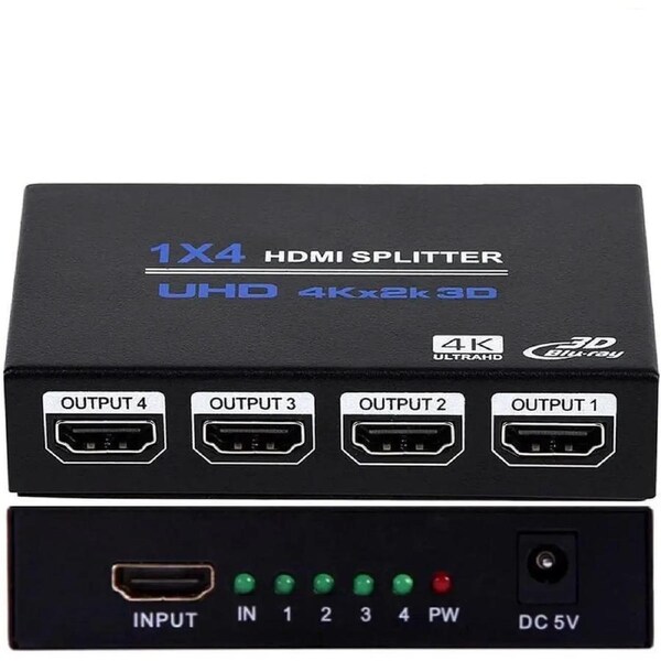 ESTONE HDMI Splitter, Duplicate/Mirror, 4K HDMI Splitter 1 in 4 Out [Metal Case, 4Port ] , Powered Splitter, 1 Source to 4 Identical Displays for TV, Projector