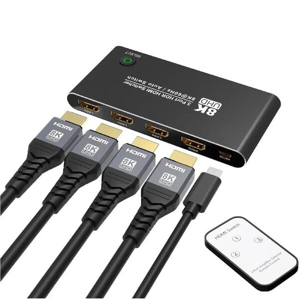 ESTONE HDMI 2.1 Ultra HD 8K High Speed 48Gbps Switcher Only 3in 1out 8K@60Hz 4K@120Hz Converter with Remote Control Compatible with Xbox PS5 Projectors Monitors