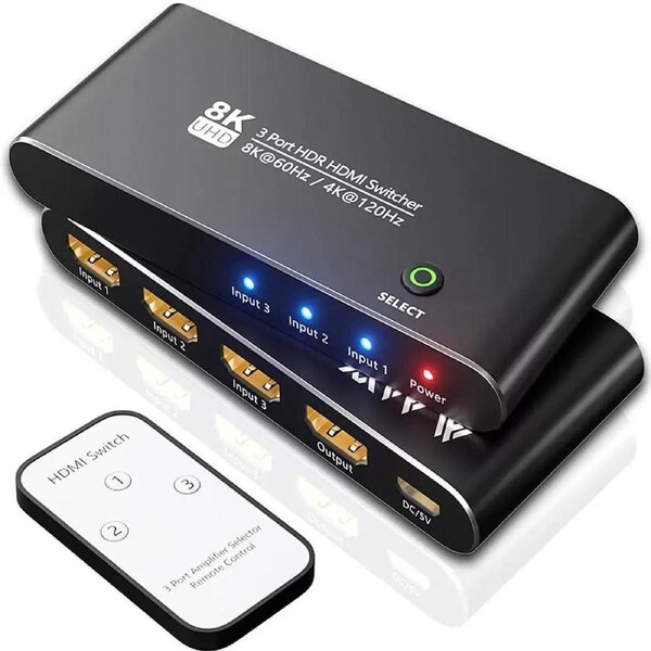 ESTONE Aluminum Shell HDMI 2.1 Switch 8K Directional 8K@60Hz 4K@120Hz 1440P@165Hz 1080P@240Hz 3in 1out High Speed 48Gbps eARC Converter with Remote Control Compatible with Xbox X PS5