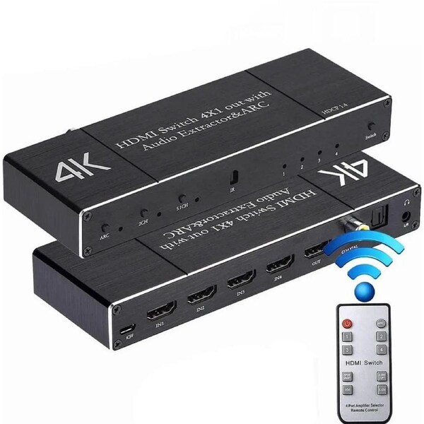 4K HDMI Switch 60Hz HDMI Switcher 4 Port 4x1 HDMI Switcher Splitter Box hdmi Audio Extractor Supports ARC HDR10 ARC 18Gbps HDCP2.2,RGB 8:8:8,3D with Remote Control, OZQ7
