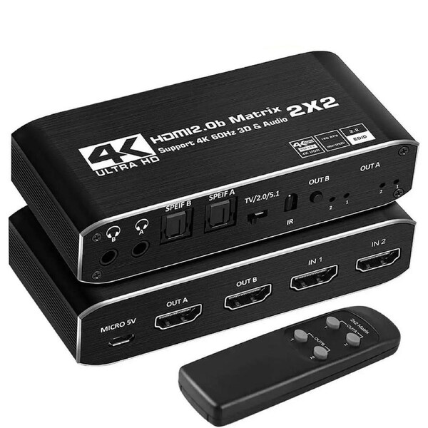 2x2 HDMI Matrix Switch Up to 4K 60Hz RGB 8:8:8, HDR, HDMI 2.0, HDCP 2.2/1.4, Auto Downscaling, IR Remote, 2xSPDIF Audio, 2x3.5mm L/R Audio, 2 in 2 Out Video (OZJ6)
