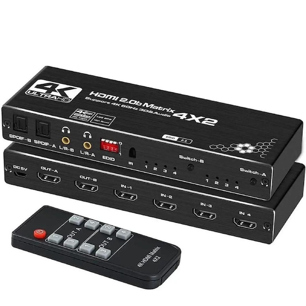 ESTONE 4 in 2 Out HDMI Matrix Switch , 4K@60Hz 4x2 HDMI Matrix Switcher Splitter Box with 2xSPDIF Audio, 2x3.5mm L/R Audio and IR Remote Control Support 4K HDR, EDID, HDMI 2.0b, HDCP 2.2, 3D,1080P