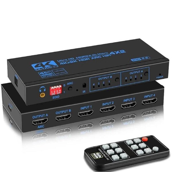 ESTONE 18.5 Gbps 4K@60Hz HDMI-compatible Matrix 4x2 HDMI2.0b Switch Splitter with SPDIF and 3.5mm HDR 4x2 Support HDCP 2.2 3D (OZJ2-1)