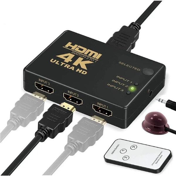 ESTONE 4K HDMI Switch, 3 Ports 4K 30Hz HDMI Switcher with IR Wireless Remote, Supports Full HD 4K 1080P 3D