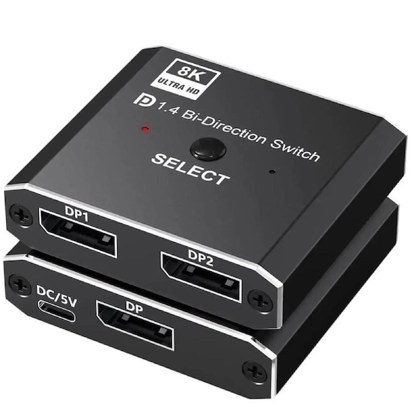 DisplayPort 1.4 Splitter Switch 8K,ESTONE DP 1.4 Switcher 2 in 1 Out 8K@30Hz DP Splitter 1 in 2 Out 4K@120Hz 2K@144Hz Bi-Directional for Multiple Source and Displays(OZQD)