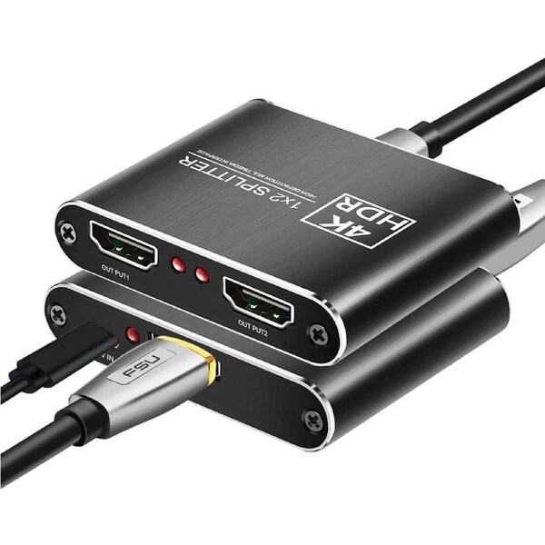 ESTONE 4K 1 in 2 Out HDMI Splitter - Ultra HD 4K @ 60 Hz 1x2 HDCP1.4, Power HDMI Supports 3D Full HD 1080P for Xbox, PS4 PS3 Fire Stick Blu Ray Apple TV HDTV - Adapter Included