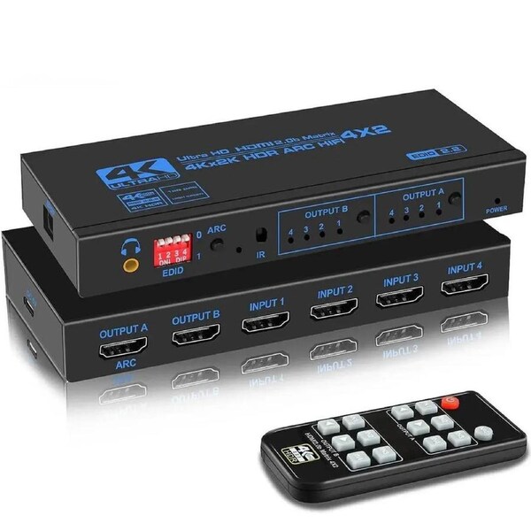 ESTONE 4x2 HDMI Matrix Switch,4 in 2 Out Matrix HDMI Video Switcher Splitter +Optical & 3.5mm Audio Output,Support Ultra HD 4K,3D 1080P,Audio EDID Extractor with IR Remote Control (OZJ2-1)