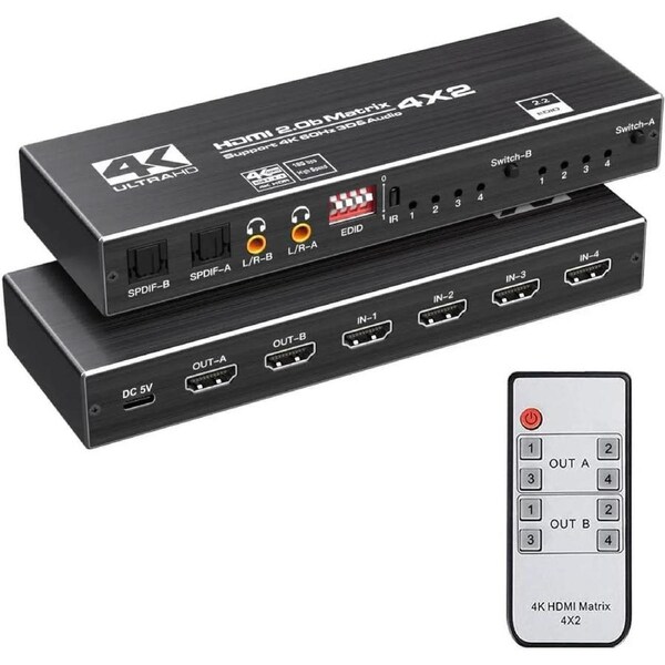 ESTONE 4K HDMI Matrix Switch 4 X 2, Switcher with Audio Extractor UltraHD Supports Up to 4K @ 60Hz IR EDID HDCP 2.2 HDR10,2xSPDIF Audio, 2x3.5mm L/R Audio - Remote Control (OZJ1-1)