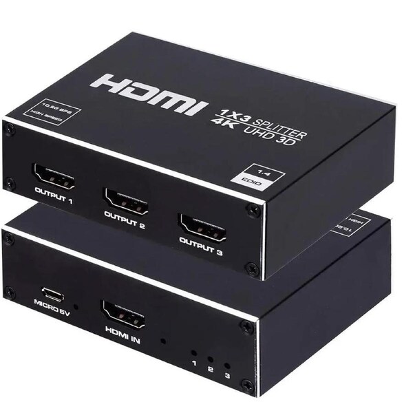 ESTONE 4K 1 in 3 Out HDMI Splitter - Ultra HD 4K @ 30 Hz 1x3 V. 1.4 HDCP, Power HDMI Supports 4K 3D Full HD 1080P for Xbox, PS3 PS3 Fire Stick Blu Ray Apple TV HDTV - Adapter Included
