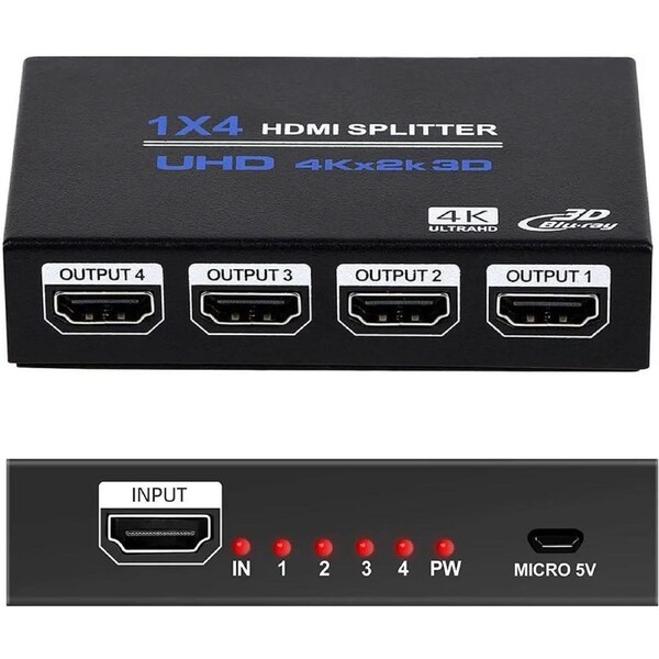 ESTONE 4K 1 in 4 Out HDMI Splitter - Ultra HD 4K @ 30 Hz 1x4 V. 1.4 HDCP, Power HDMI Supports 4K 3D Full HD 1080P for Xbox, PS4 PS3 Fire Stick Blu Ray Apple TV HDTV - Adapter Included