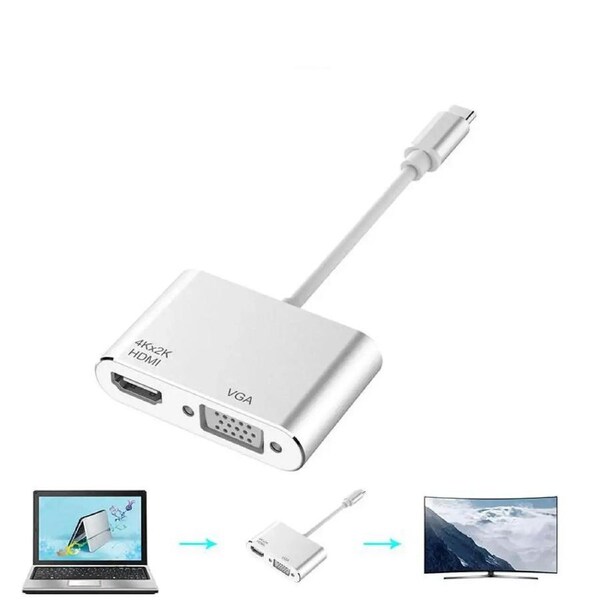 ESTONE USB C to HDMI VGA Hub Adapter, 2 in 1 USB Type C Multiport Dongle with UHD 4K HDMI VGA Compatible MBP w/Thunderbolt 3 Port 2018 iPad Pro/MacBook Pro/Chromebook/Lenovo and More+ , Silver